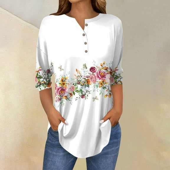 ZHENHONG Womens V Neck T Shirts, 3/4 Length Sleeve Womens Tops 2025 Spring Casual Tunic T Shirts Womens Tops Going Out Tops