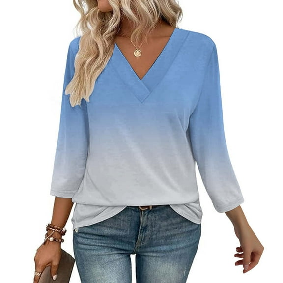 ZHENHONG Womens V Neck T Shirts, 3/4 Length Sleeve Womens Tops V Neck Casual Tunic Tops Basic Shirts Loose Fit Blouse 3/4 Sleeve Shirts for Women