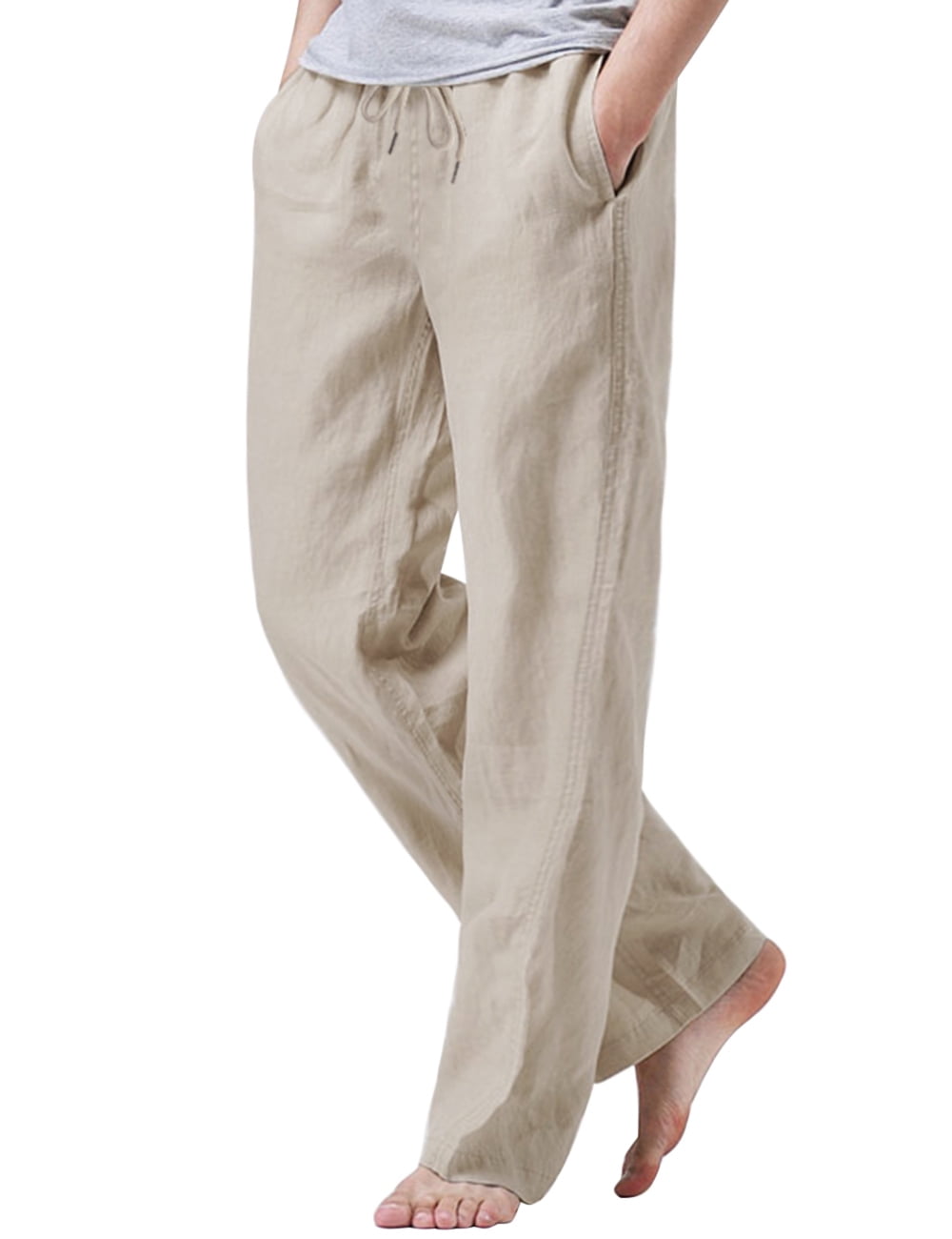 ZHENWEI Mens Cotton Linen Drawstring Pants Elastic Waist Casual Jogger Yoga  Pants