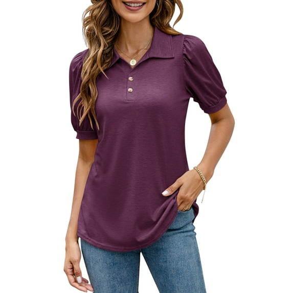 ZHENWEI Women Casual V-Neck Polo T-Shirts Loose Puff Short-Sleeve Tops Button Down Collared Tunic Blouse