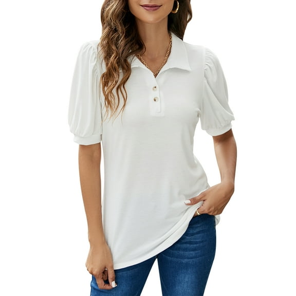 ZHENWEI Women Casual V-Neck Polo T-Shirts Loose Puff Short-Sleeve Tops Button Down Collared Tunic Blouse