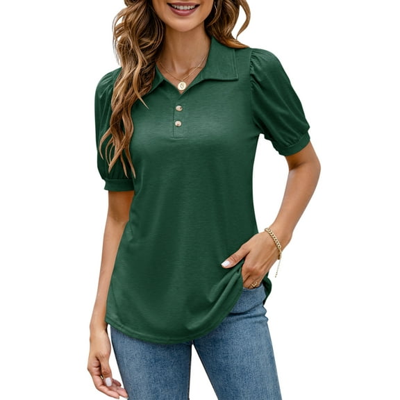ZHENWEI Women Casual V-Neck Polo T-Shirts Loose Puff Short-Sleeve Tops Button Down Collared Tunic Blouse