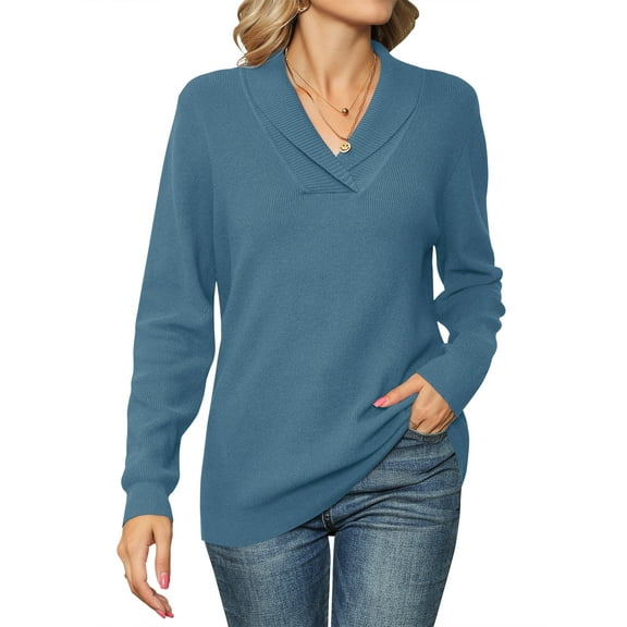 ZHENWEI Women Long Sleeve V Neck Pullover Collar Knitted Sweaters