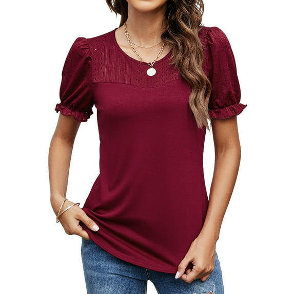 ZHENWEI Women Puff Short Sleeve Shirts Casual Lace Keyhole Back Blouse Crew Neck Soft Tunic Top for Summer