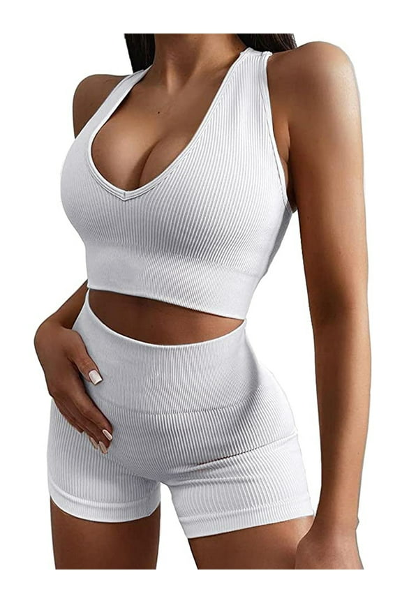 Women Seamless Yoga Set 2 Piece Workout Sport Bra with High Waist Shorts Legging Outfit Tracksuit