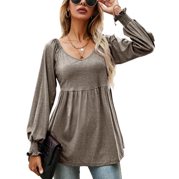 ZHENWEI Women's Casual Lantern Long Sleeve Tunic Tops V-Neck Pleated Flare Blouse T-Shirts
