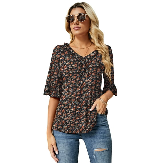 ZHENWEI Women's Casual V Neck T Shirts Loose Summer Half Bell Sleeve Tops Ruffle Tunic Blouses