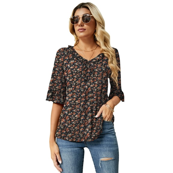 ZHENWEI Women's Casual V Neck T Shirts Loose Summer Half Bell Sleeve Tops Ruffle Tunic Blouses