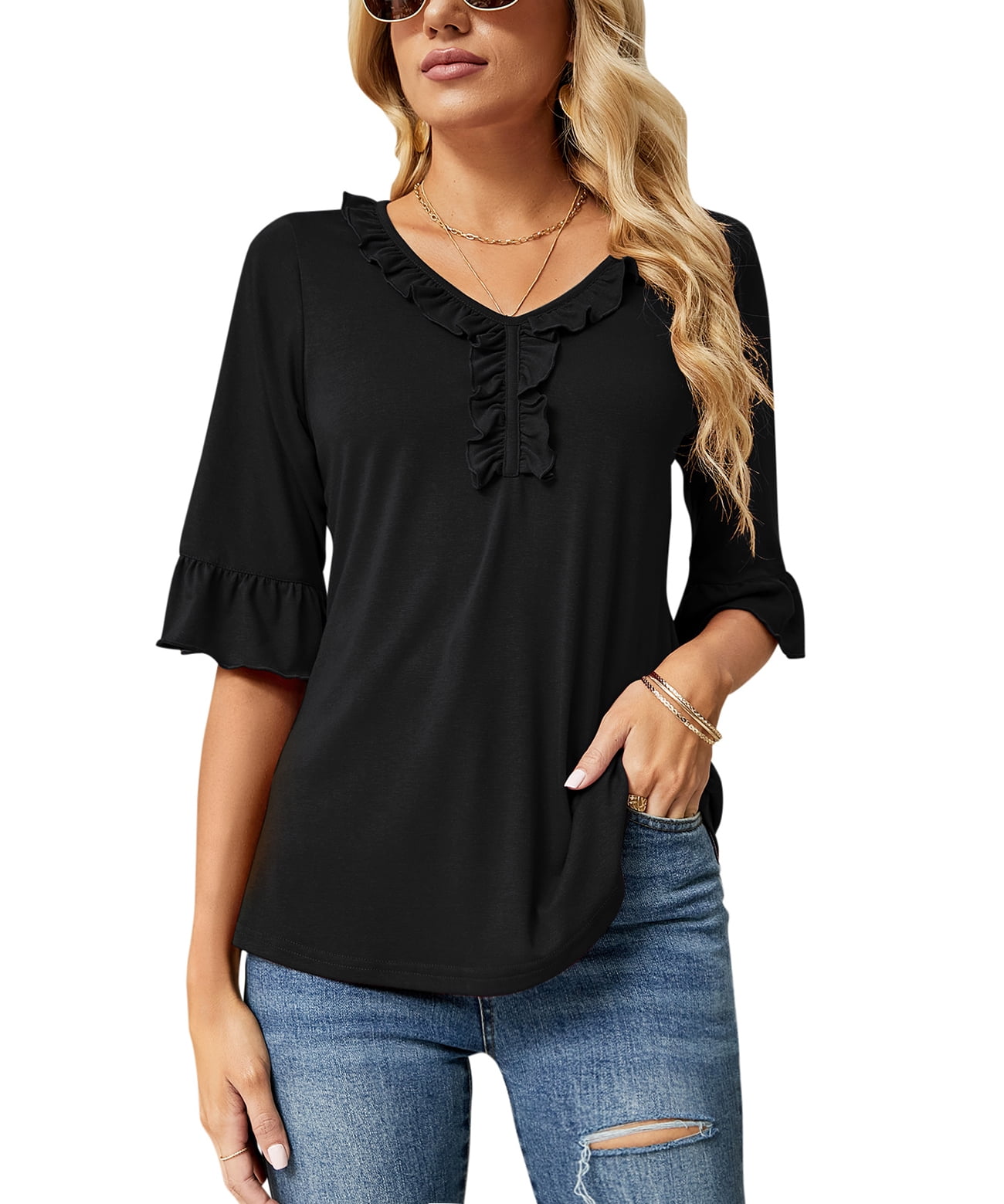 ZHENWEI Women's Casual V Neck T Shirts Loose Summer Half Bell Sleeve ...