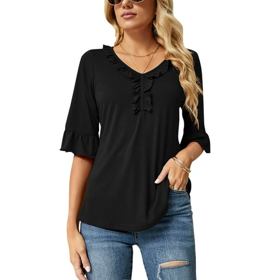 ZHENWEI Women's Casual V Neck T Shirts Loose Summer Half Bell Sleeve Tops Ruffle Tunic Blouses