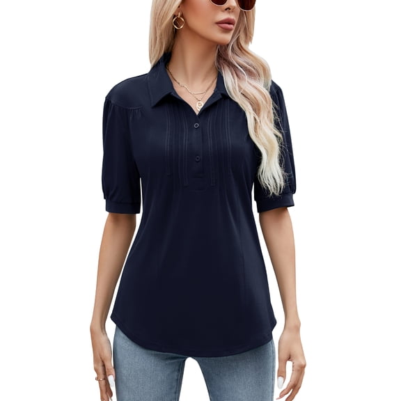 ZHENWEI Women's V Neck Short Sleeve Polo Shirts Button Down Collared Tops Loose Casual Tunic Blouses