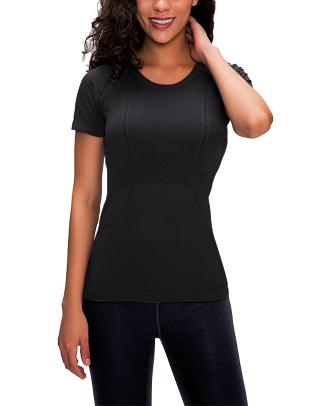 Bonivenshion Women's Short Sleeve Workout Shirts Quick Dry Yoga Tops  Activewear Running T-shirts Fitness Sport Tees-Black