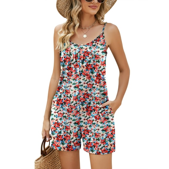 ZHENWEI Womens Casual Summer Sleeveless Romper Loose Adjustable Spaghetti Strap Stretchy Shorts Jumpsuits with Pockets