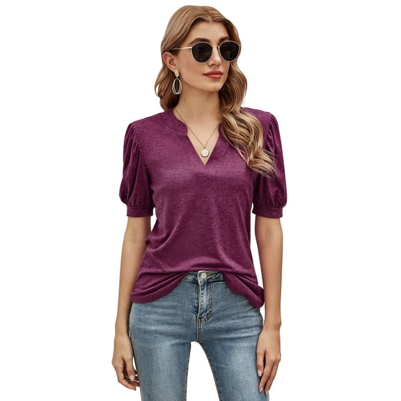 ZHENWEI Womens Casual V-Neck T-Shirts Loose Puff Short-Sleeve Tops Tunic Blouse