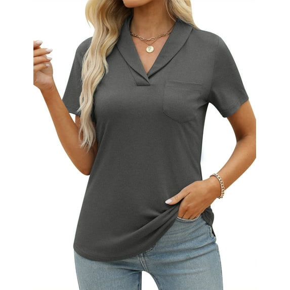 ZHENWEI Womens Collared Casual Short Sleeve V Neck Polo T Shirts Loose Tunic Tops Blouses with Pocket