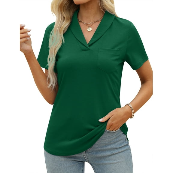 ZHENWEI Womens Collared Casual Short Sleeve V Neck Polo T Shirts Loose Tunic Tops Blouses with Pocket