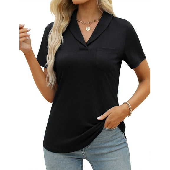 ZHENWEI Womens Collared Casual Short Sleeve V Neck Polo T Shirts Loose Tunic Tops Blouses with Pocket