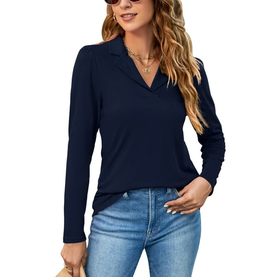 ZHENWEI Womens Long Sleeve Polo Shirts Business Casual V Neck Lapel Tops Dressy Work Tunic Blouses