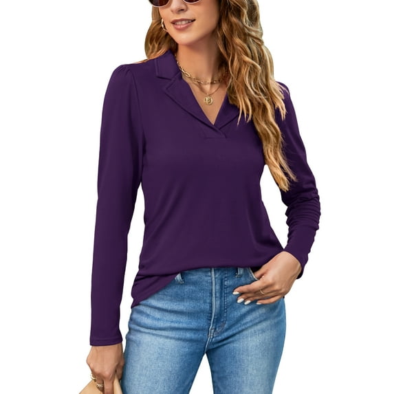 ZHENWEI Womens Long Sleeve Polo Shirts Business Casual V Neck Lapel Tops Dressy Work Tunic Blouses