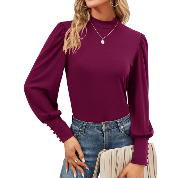ZHENWEI Womens Mock Neck Puff Long Sleeve Tops Casual Loose Solid Basic T-Shirt Button Cuffs Pullovers Blouse