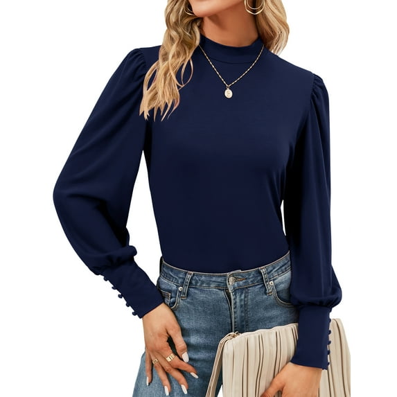 ZHENWEI Womens Mock Neck Puff Long Sleeve Tops Casual Loose Solid Basic T-Shirt Button Cuffs Pullovers Blouse