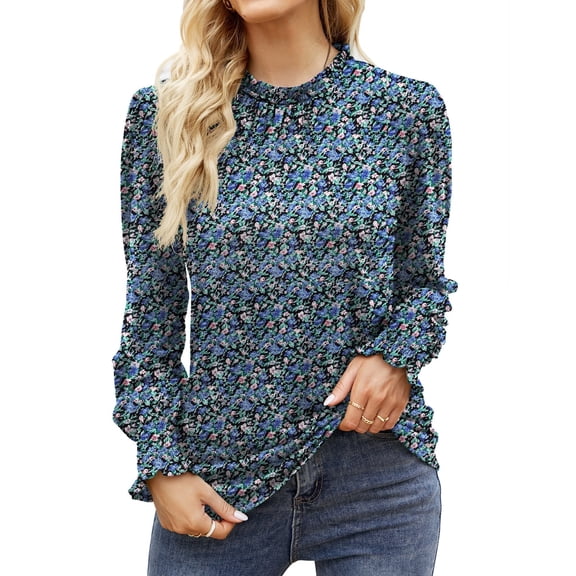 ZHENWEI Womens Puff Long Sleeve Fall Blouses Frill Mock Neck Ruffle Work Casual Loose Tunic Tops