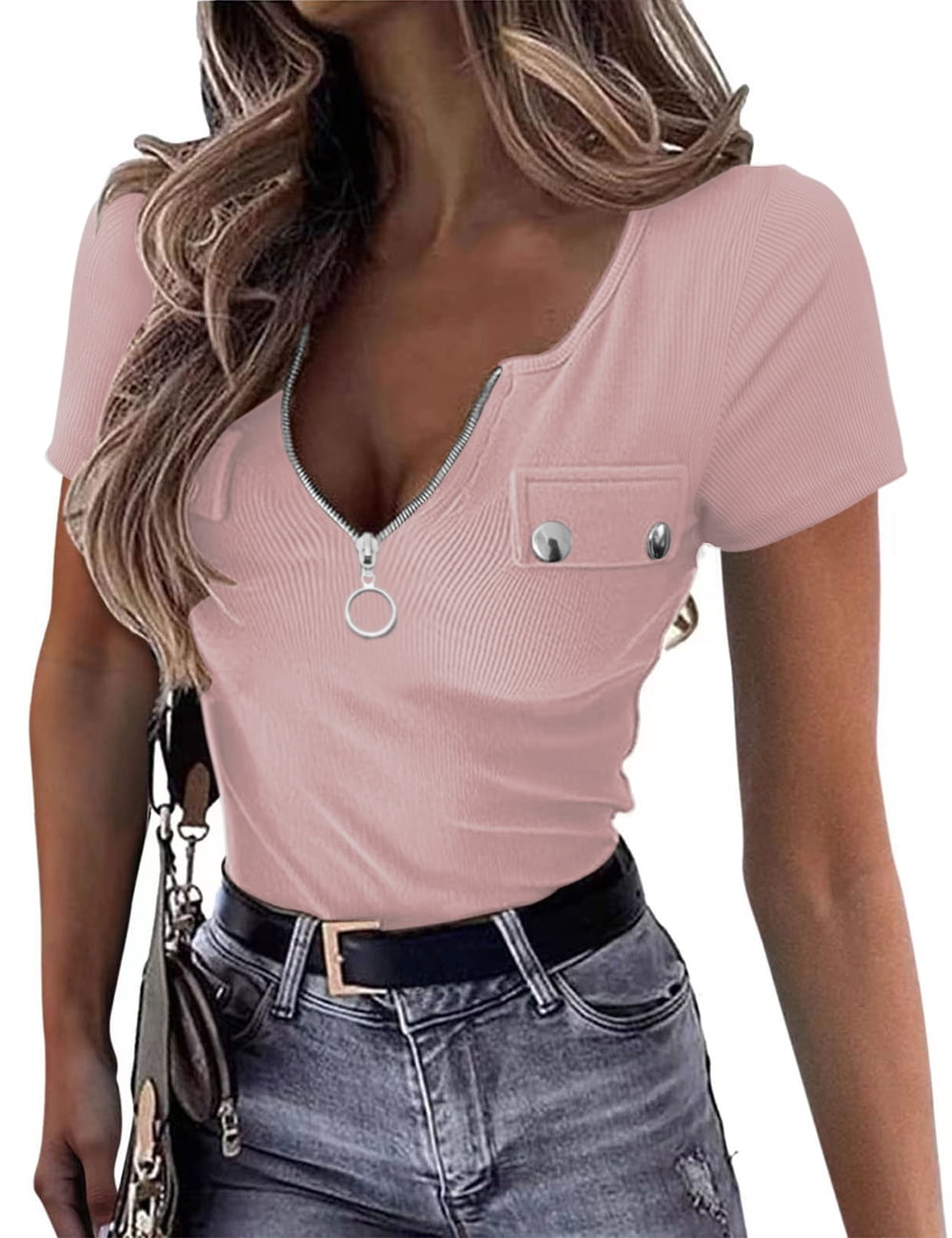 ZHENWEI Womens Short Sleeve Henley T Shirt Sexy Zipper V Neck Ribbed ...