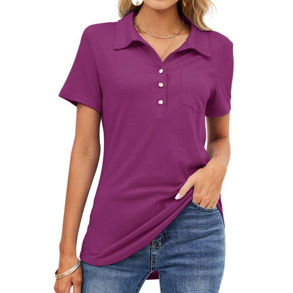ZHENWEI Womens Short Sleeve Polo T Shirts V Neck Button Down Blouse Loose Casual Collared Tunic Tops with Pocket