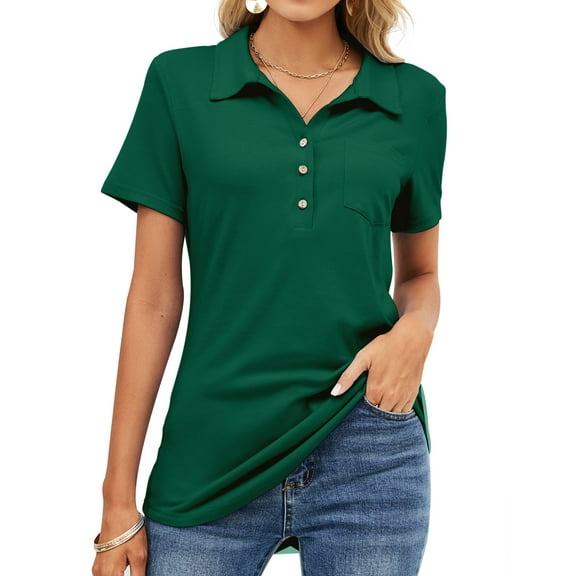 ZHENWEI Womens Short Sleeve Polo T Shirts V Neck Button Down Blouse Loose Casual Collared Tunic Tops with Pocket
