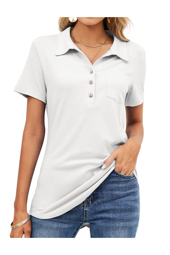 ZHENWEI Womens Short Sleeve Polo T Shirts V Neck Button Down Blouse Loose Casual Collared Tunic Tops with Pocket
