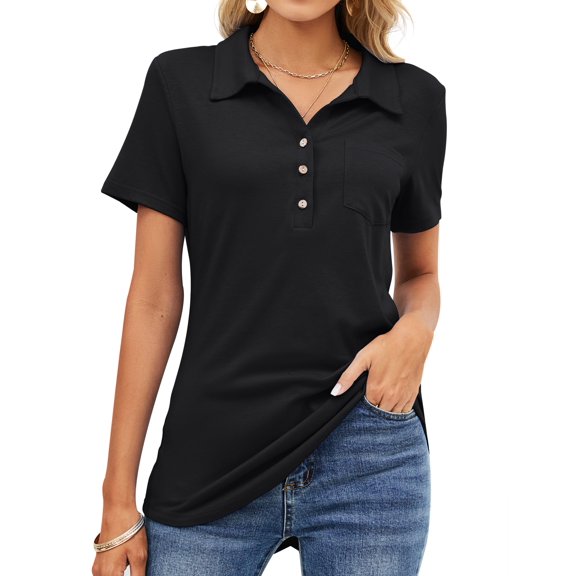 ZHENWEI Womens Short Sleeve Polo T Shirts V Neck Button Down Blouse Loose Casual Collared Tunic Tops with Pocket