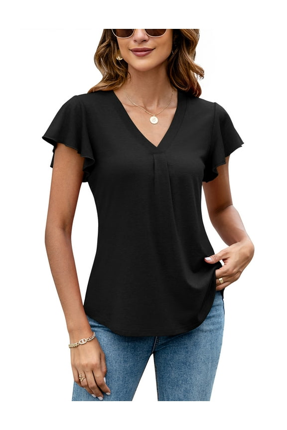 Womens Tops Dressy Casual Summer Flutter Sleeve T-Shirts Trendy Ruffle Short Sleeve Loose V-Neck Tunic Tops