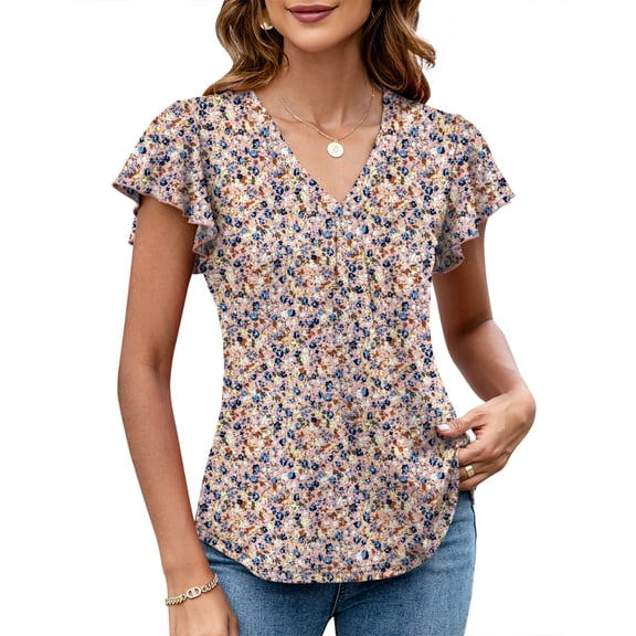 ZHENWEI Womens Tops Dressy Casual Summer Flutter Sleeve T-Shirts Trendy Ruffle Short Sleeve Loose V-Neck Tunic Tops