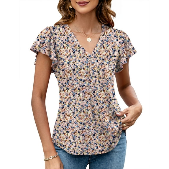 ZHENWEI Womens Tops Dressy Casual Summer Flutter Sleeve T-Shirts Trendy Ruffle Short Sleeve Loose V-Neck Tunic Tops