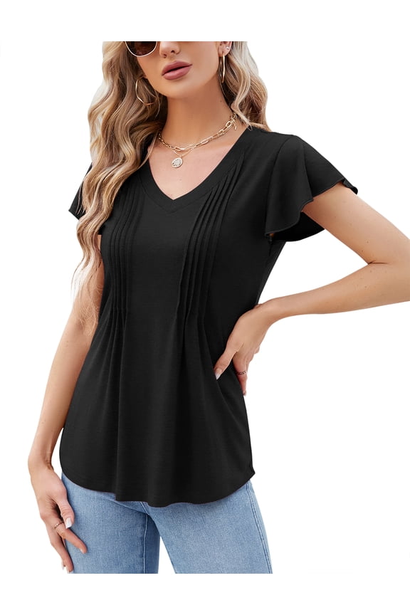 Womens Tops Dressy Casual Summer Flutter Sleeve T-Shirts Trendy Ruffle Short Sleeve Loose V-Neck Tunic Tops