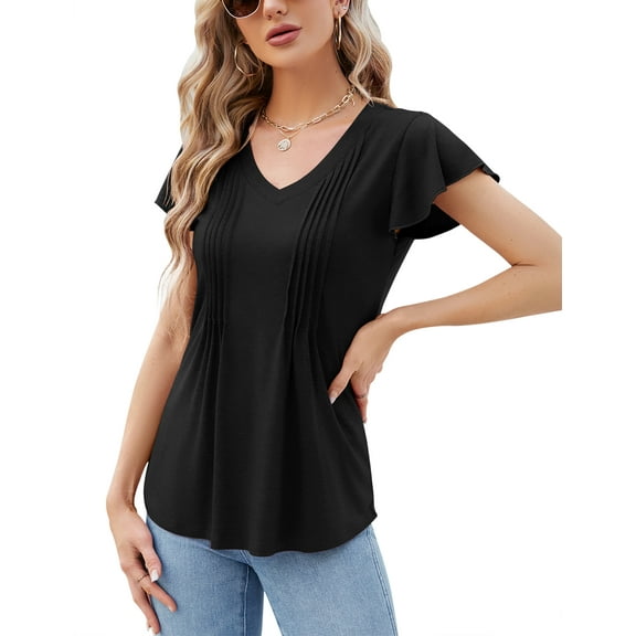 ZHENWEI Womens Tops Dressy Casual Summer Flutter Sleeve T-Shirts Trendy Ruffle Short Sleeve Loose V-Neck Tunic Tops