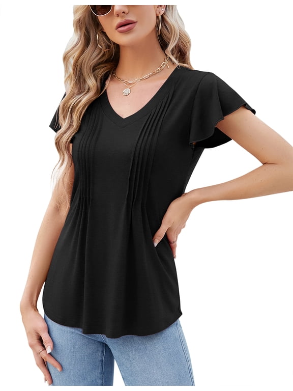 Womens Tops Dressy Casual Summer Flutter Sleeve T-Shirts Trendy Ruffle Short Sleeve Loose V-Neck Tunic Tops