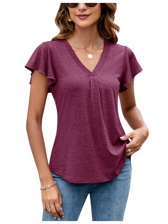 Womens Tops Dressy Casual Summer Flutter Sleeve T-Shirts Trendy Ruffle Short Sleeve Loose V-Neck Tunic Tops