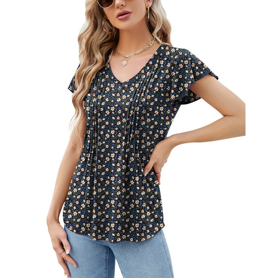 ZHENWEI Womens Tops Dressy Casual Summer Flutter Sleeve T-Shirts Trendy Ruffle Short Sleeve Loose V-Neck Tunic Tops