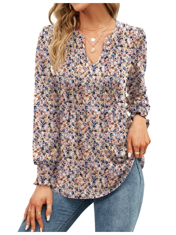 Womens V-Neck Puff Long Sleeve Pleated T-Shirts Fashion Fall Tops Casual Tunic Blouse