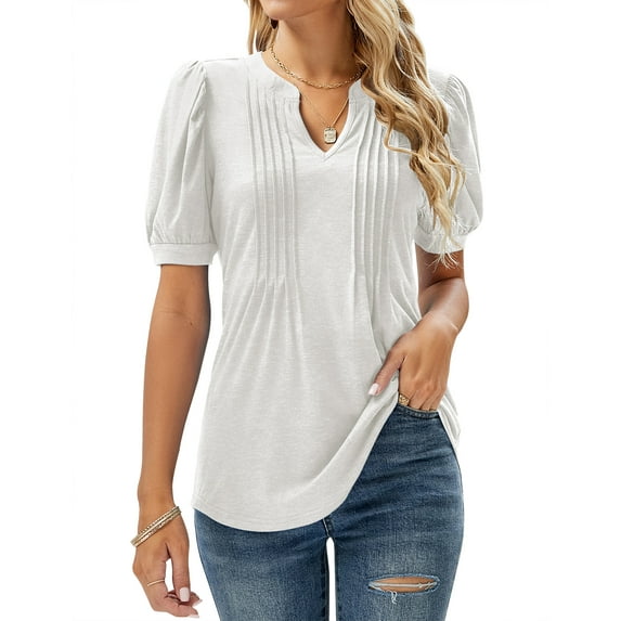 ZHENWEI Womens V Neck Puff Short Sleeve Pleated T Shirts Fashion Summer Tops Casual Tunic Blouse