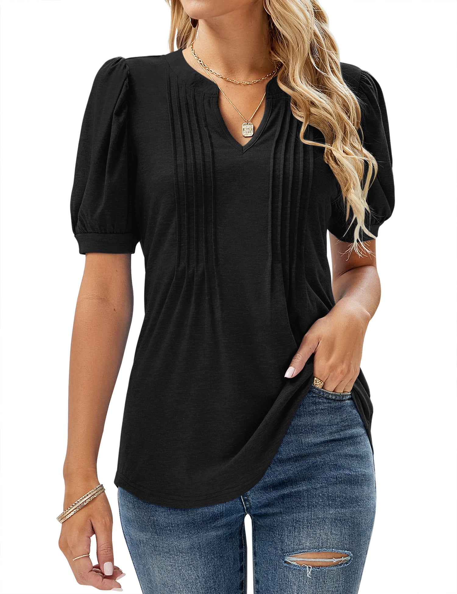 ZHENWEI Womens V Neck Puff Short Sleeve Pleated T Shirts Fashion Summer ...