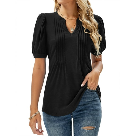 ZHENWEI Womens V Neck Puff Short Sleeve Pleated T Shirts Fashion Summer Tops Casual Tunic Blouse