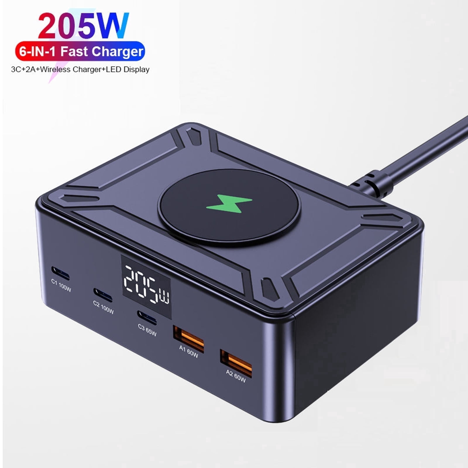 205W Desktop Charging Station: 5 Fast Charging USB Ports + 15W Wireless Pad, Smart LED Display, All-in-One Power Hub Compatible with iPhone, Android, Smartwatch, and More – Organize Your Desk, Black