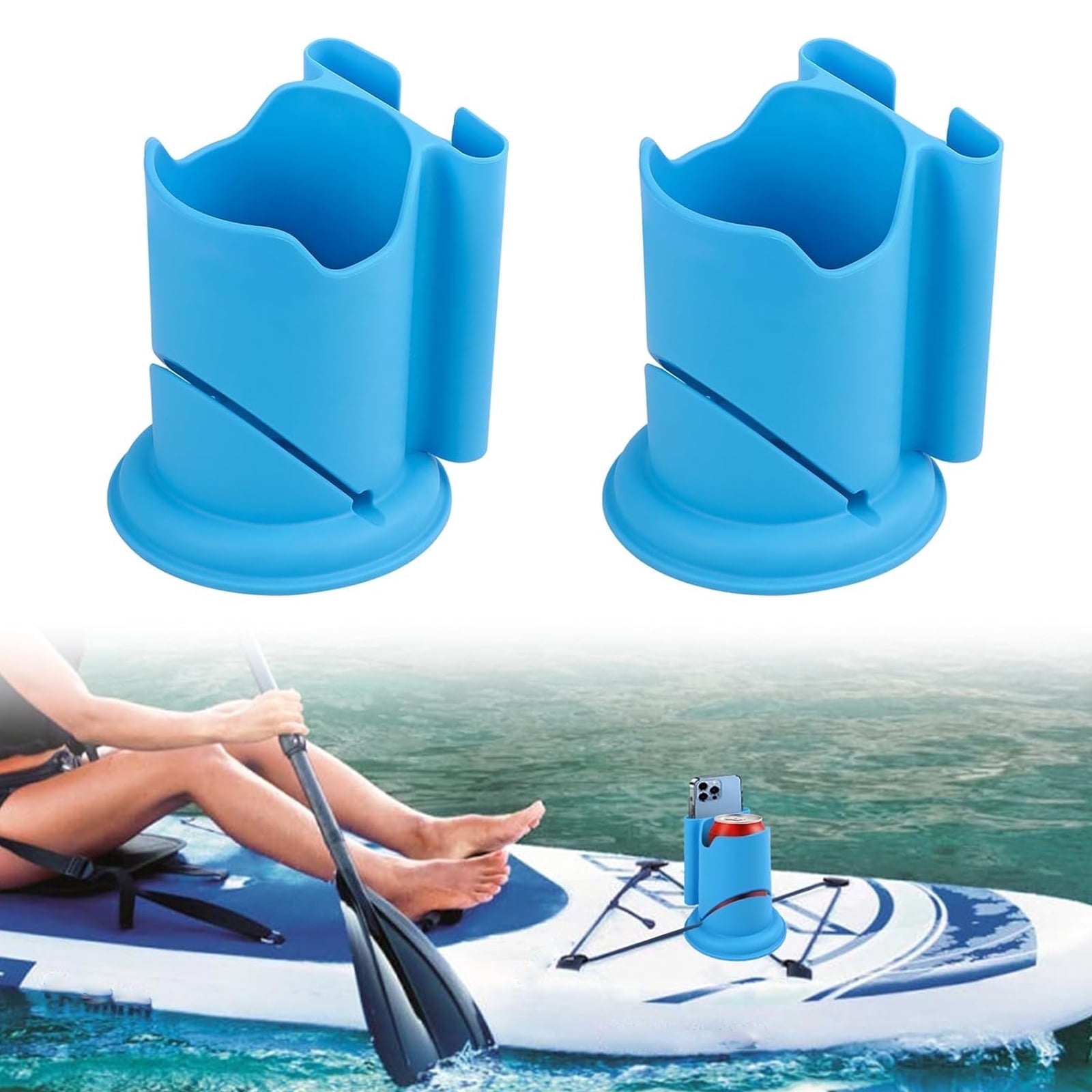 Paddleboard Cup Holder, 2PCS Paddle Board and Kayak Drink Holder, 2-in-1 Drink & Phone Holder, Paddleboard Accessory for Surfboards, Canoes, SUPs, Kayaks, Boats, Fishing, Surfing (Blue)
