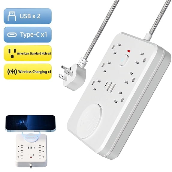 Samovi Power Strip with Wireless Charging, Desktop Wireless Charging Socket with 6 Ac Ports, 2 USB Ports, 1 Type-C Port, Power Switch, Overload Protection for Office Home Travel Dorm, 1PC(White)
