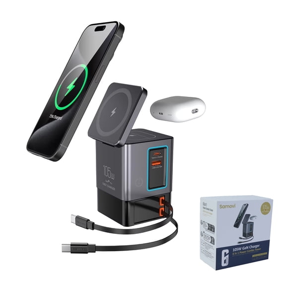 Samovi USB C Charger Station, 105W GaN Retractable Charger with 2 Wireless Charger Pad, 6 in 1 Fast Charging Station Compatible with iPhone, AirPods, MacBook, Apple Watch, Tablets, Laptops