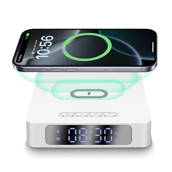 Samovi 2-in-1 Wireless Charger Alarm Clock, 15W Fast Charging Station with Mini LED Digital Clock, Adjustable Brightness, White for Bedroom Office Desk, Gifts for Women Men