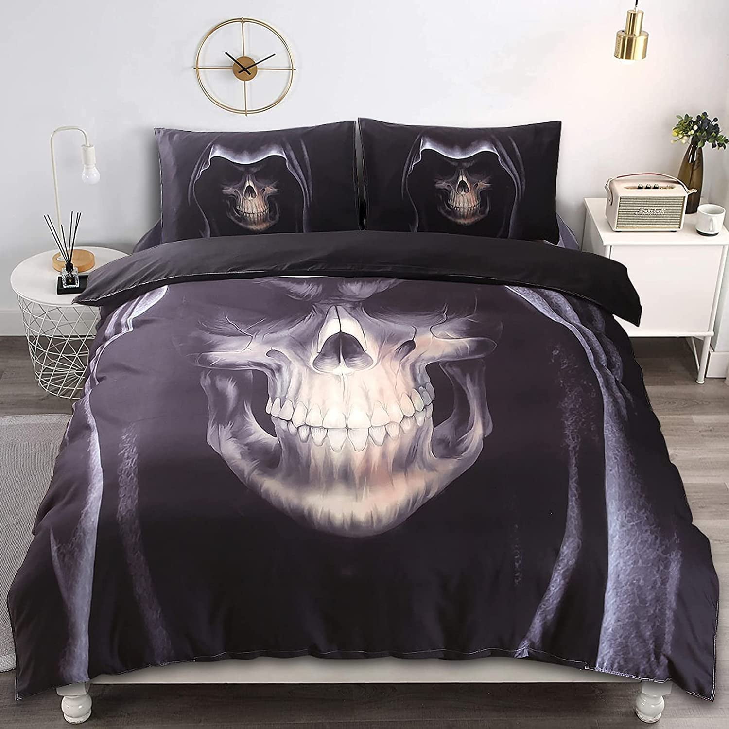 ZHH Gothic Style 3D Cloak Skull Duvet Cover Sets Queen Size Punk