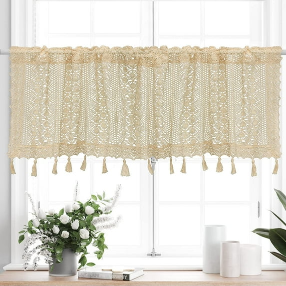 ZHH Handmade Crochet Cafe Curtains Hollow Window Tassels Kitchen Sheer Curtains Windows Doors Beige 23" x 59" 1 Panel